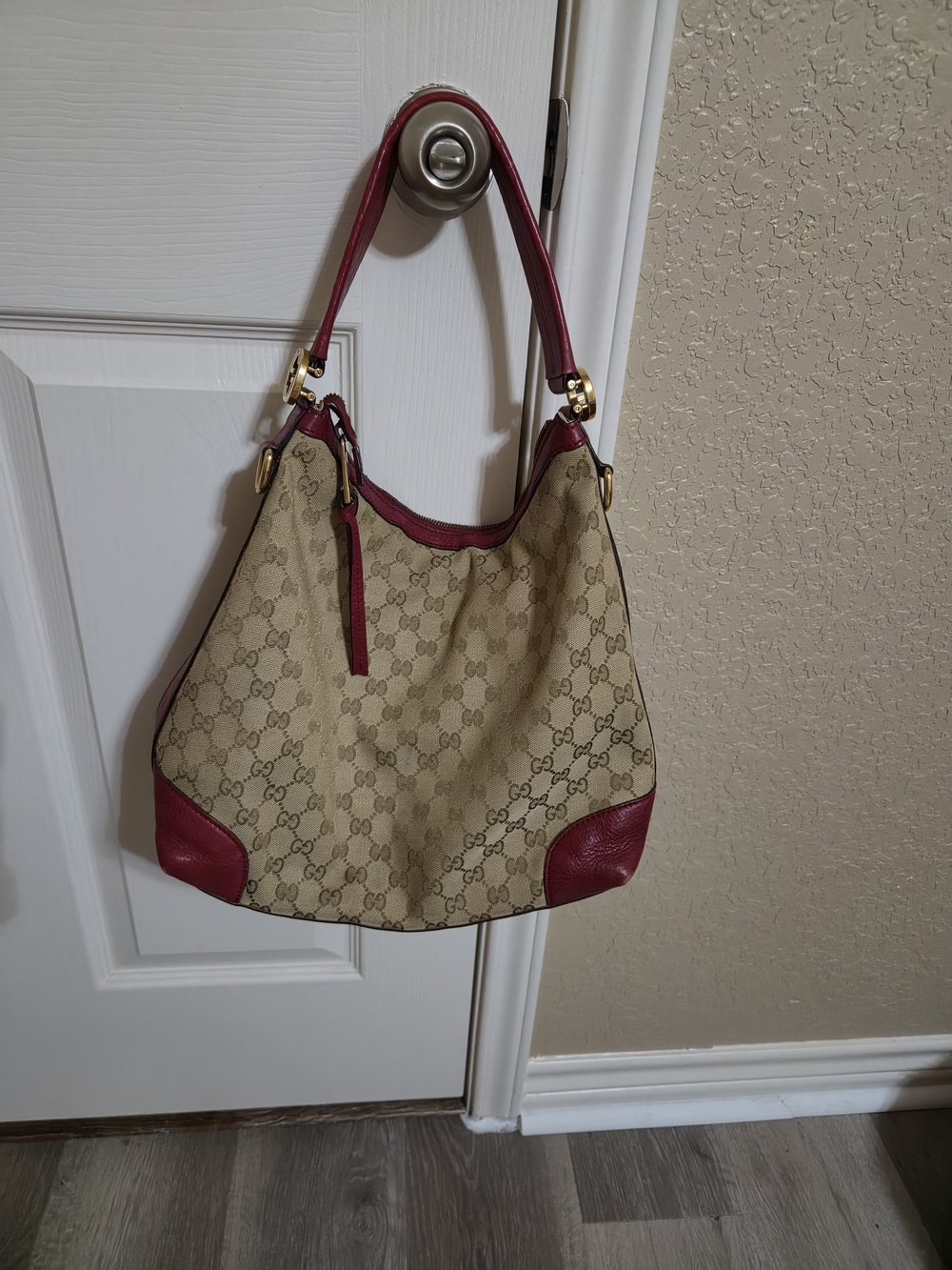Gucci Beige Monogram Hobo Bag with Red Trim